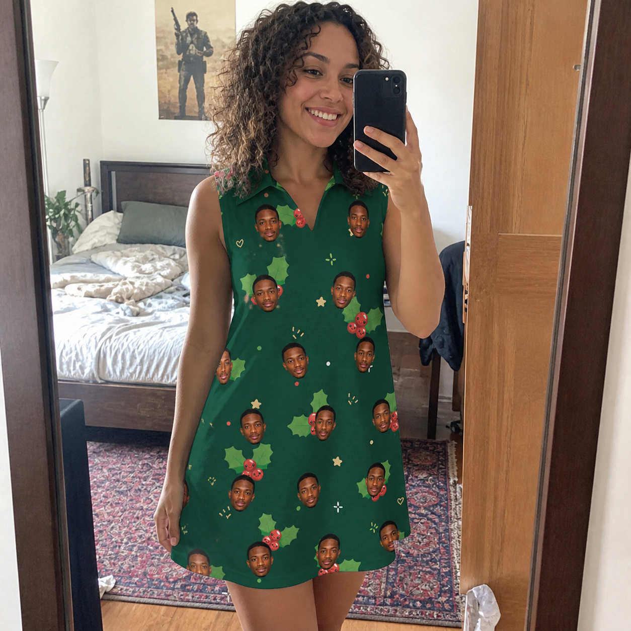 Real-life photo of someone wearing Women's Festive Foliage Custom Face V-Neck Dress — custom faces printed all-over