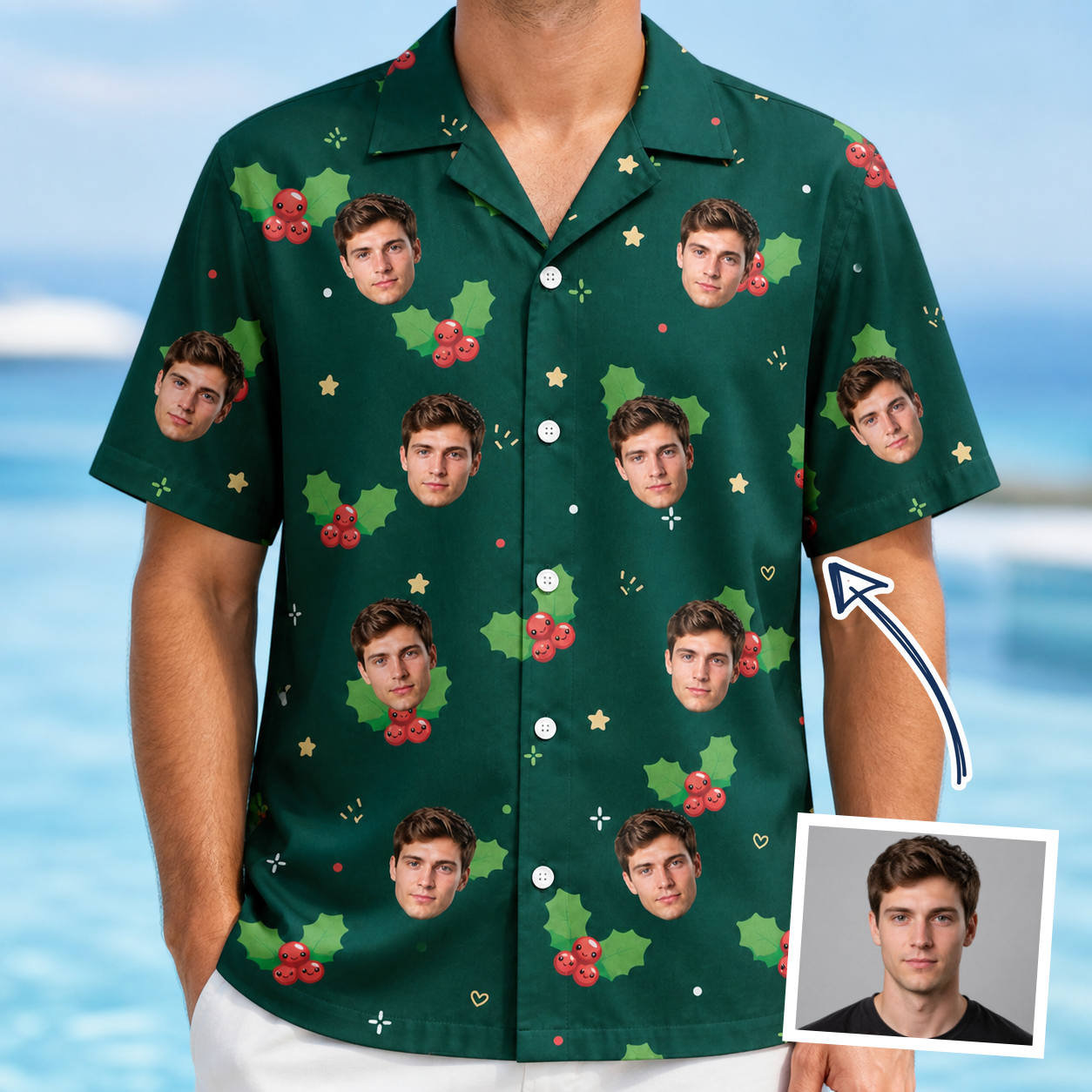 Man wearing Men's Festive Foliage Custom Face Hawaiian Shirt — custom faces printed all-over
