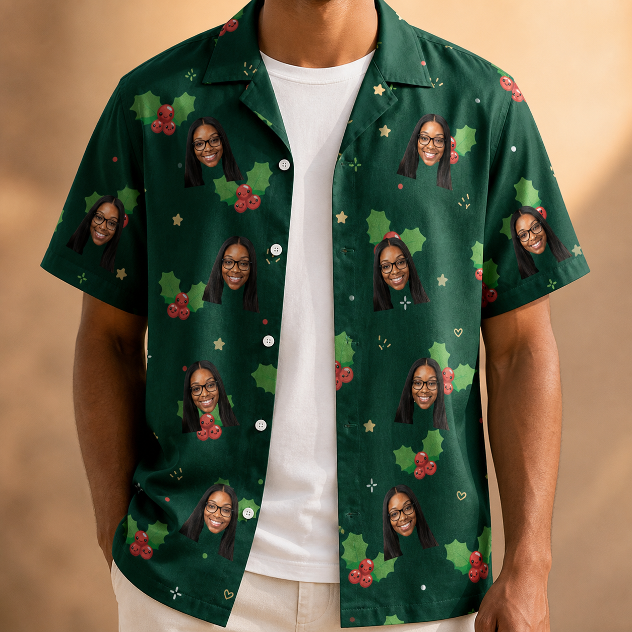Man wearing Men's Festive Foliage Custom Face Hawaiian Shirt open over a white tee