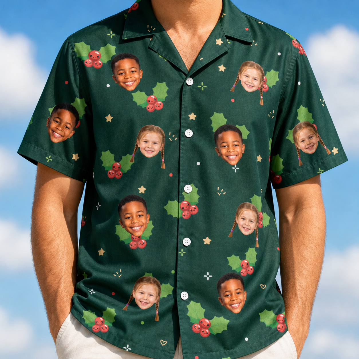 Model wearing Men's Festive Foliage Custom Face Hawaiian Shirt printed with kids' faces