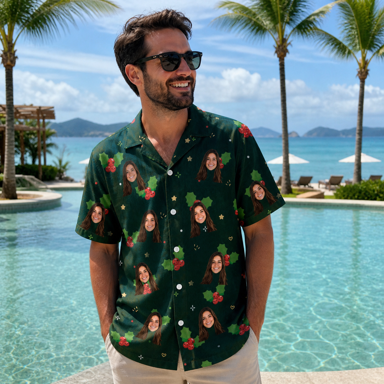 Real-life photo of someone wearing Men's Festive Foliage Custom Face Hawaiian Shirt — custom faces printed all-over