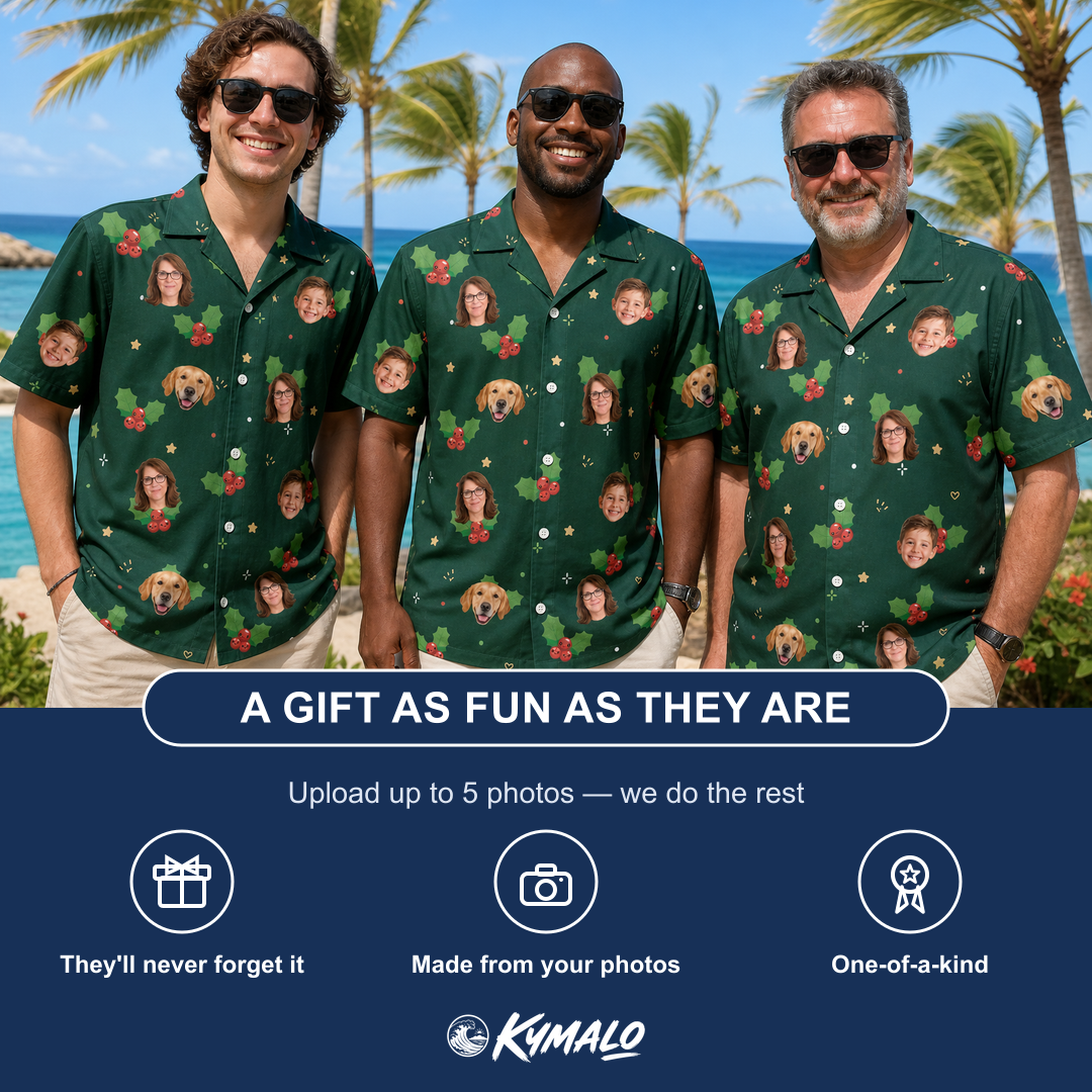 Friends in matching Men's Festive Foliage Custom Face Hawaiian Shirt — a group gift photo