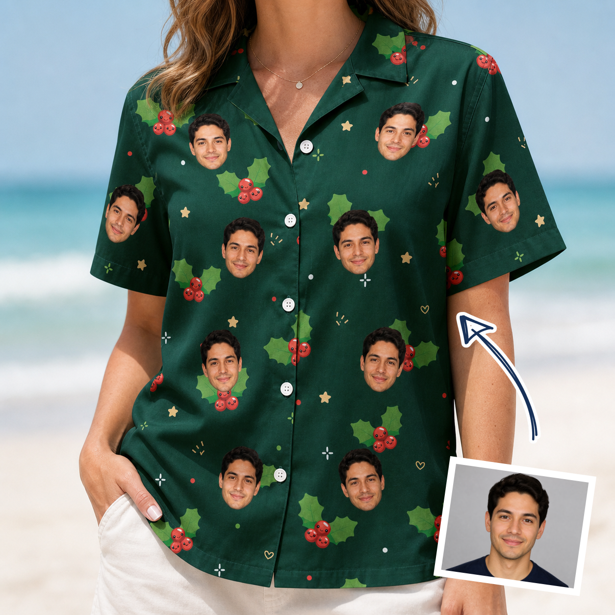 Woman wearing Women's Festive Foliage Custom Face Hawaiian Shirt — custom faces printed all-over