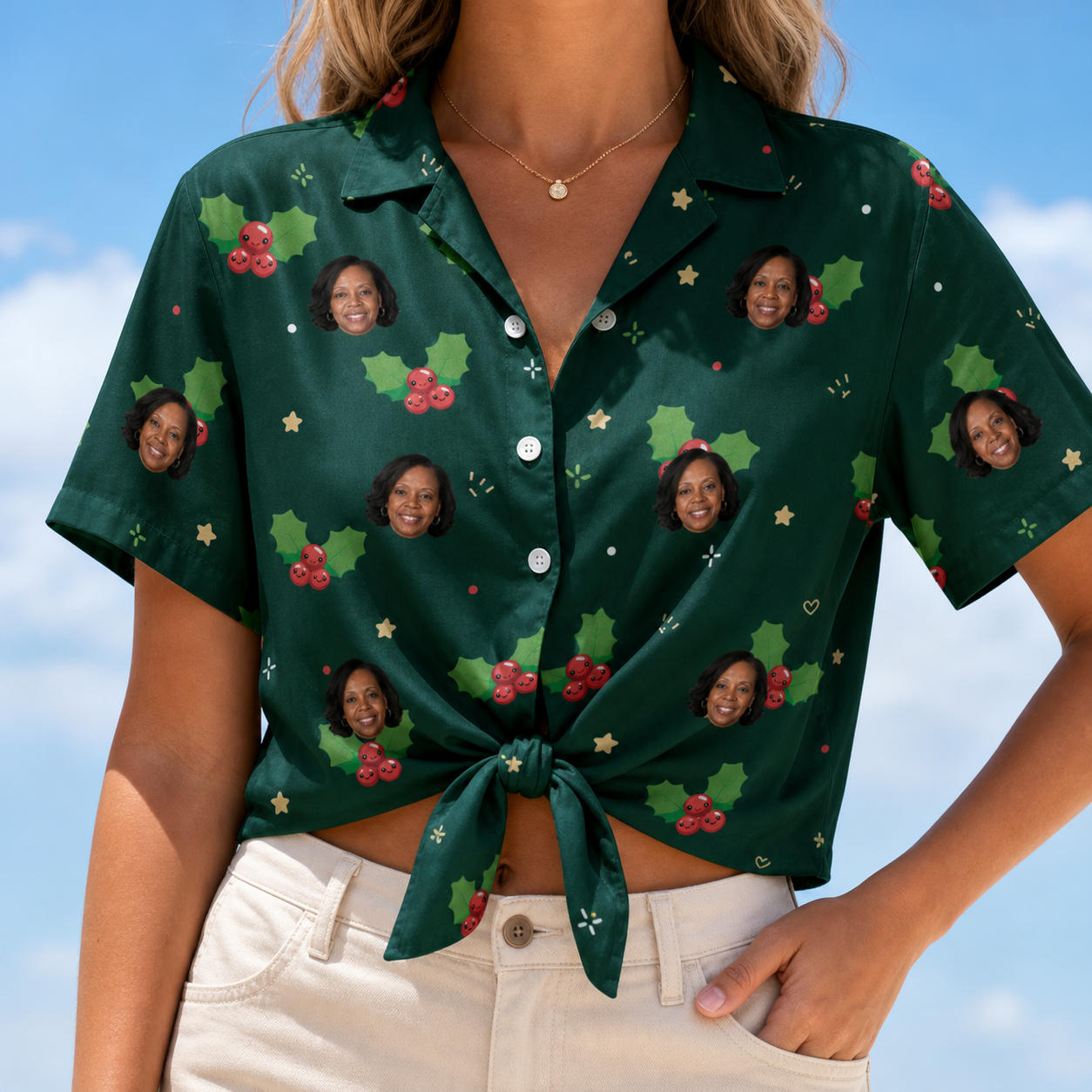 Woman wearing Women's Festive Foliage Custom Face Hawaiian Shirt tied at the waist