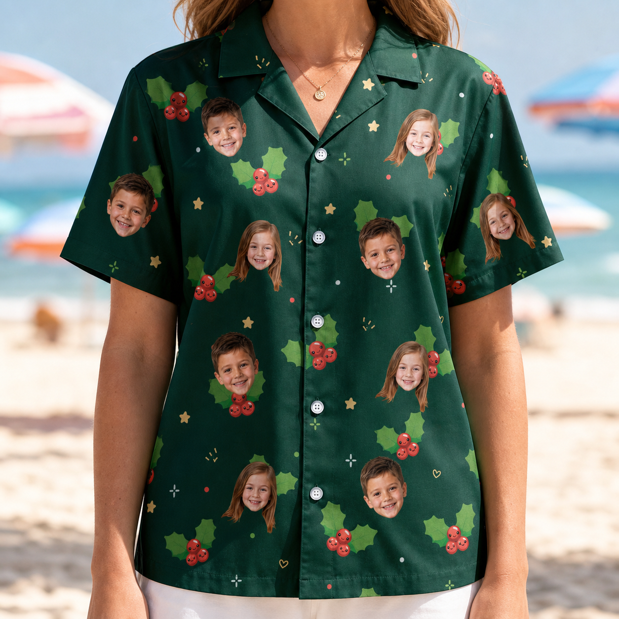 Model wearing Women's Festive Foliage Custom Face Hawaiian Shirt printed with kids' faces