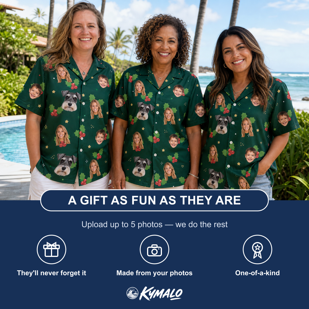 Friends in matching Women's Festive Foliage Custom Face Hawaiian Shirt — a group gift photo