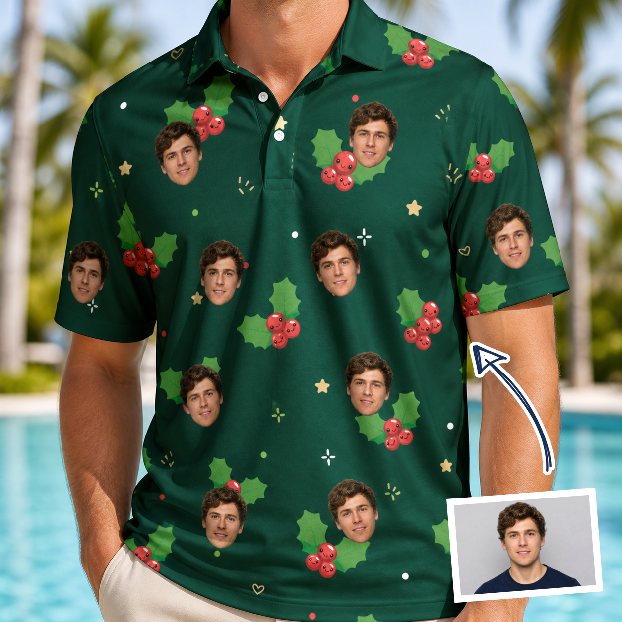 Man wearing Men's Festive Foliage Custom Face Polo Shirt — custom faces printed all-over