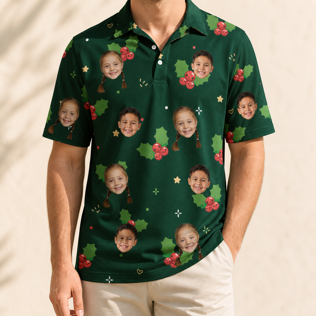 Model wearing Men's Festive Foliage Custom Face Polo Shirt printed with kids' faces