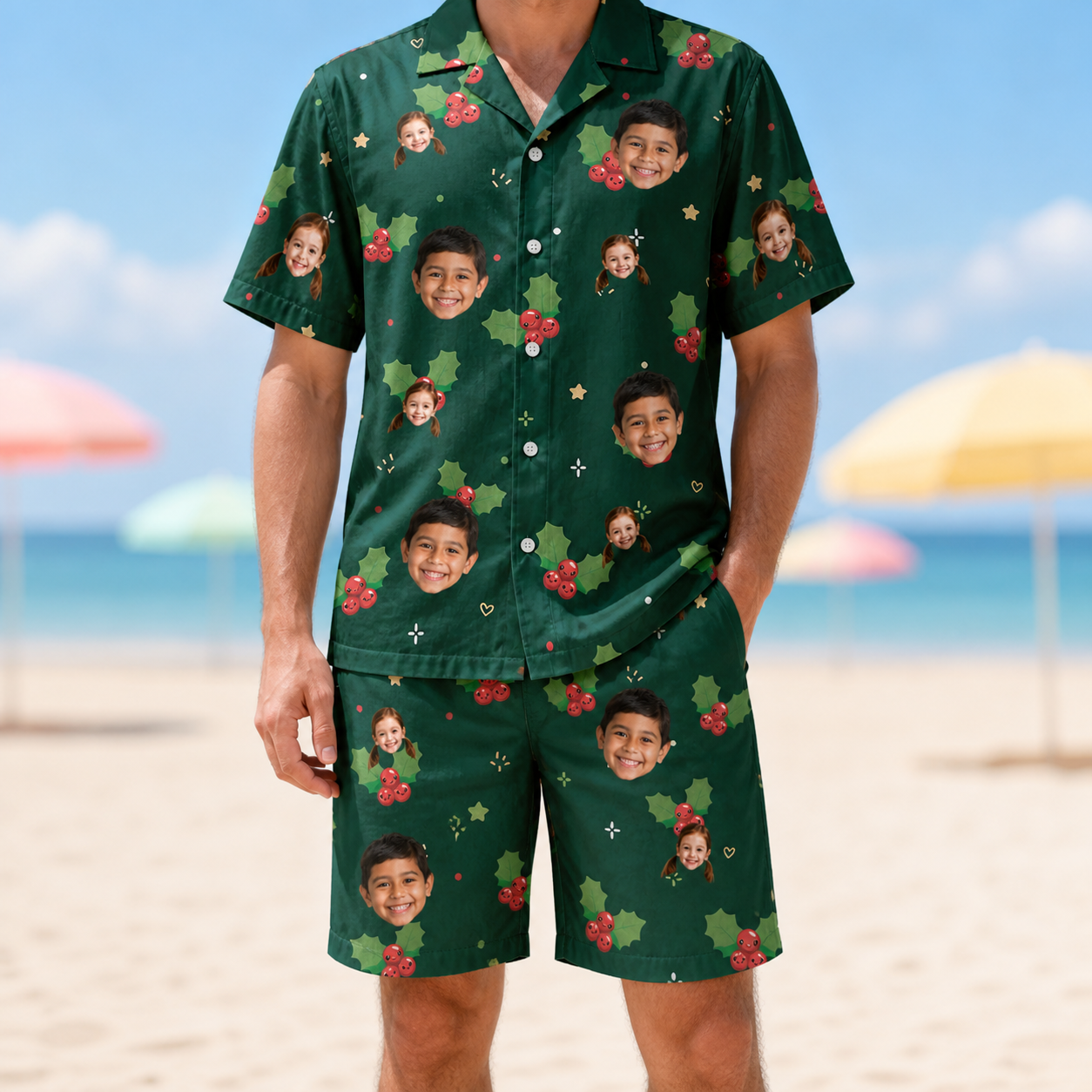Model wearing Men's Festive Foliage Custom Face Shirt & Shorts Set printed with kids' faces