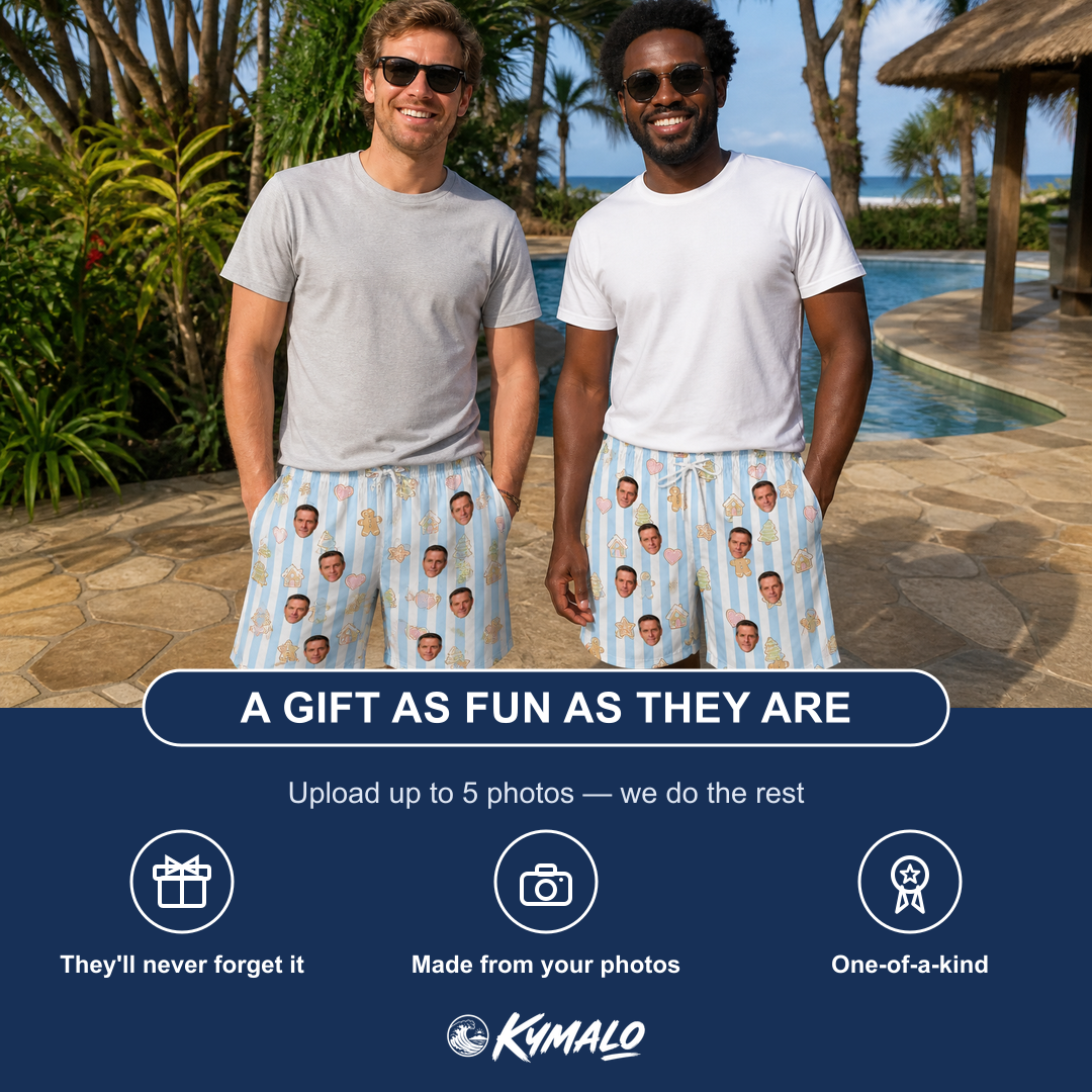 Friends in matching Men's Spice Sprites Custom Face Beach Shorts — a group gift photo