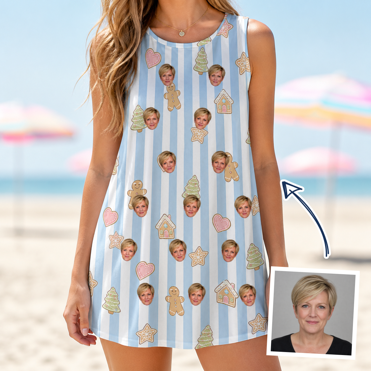 Woman wearing Women's Spice Sprites Custom Face Tank Dress — custom faces printed all-over