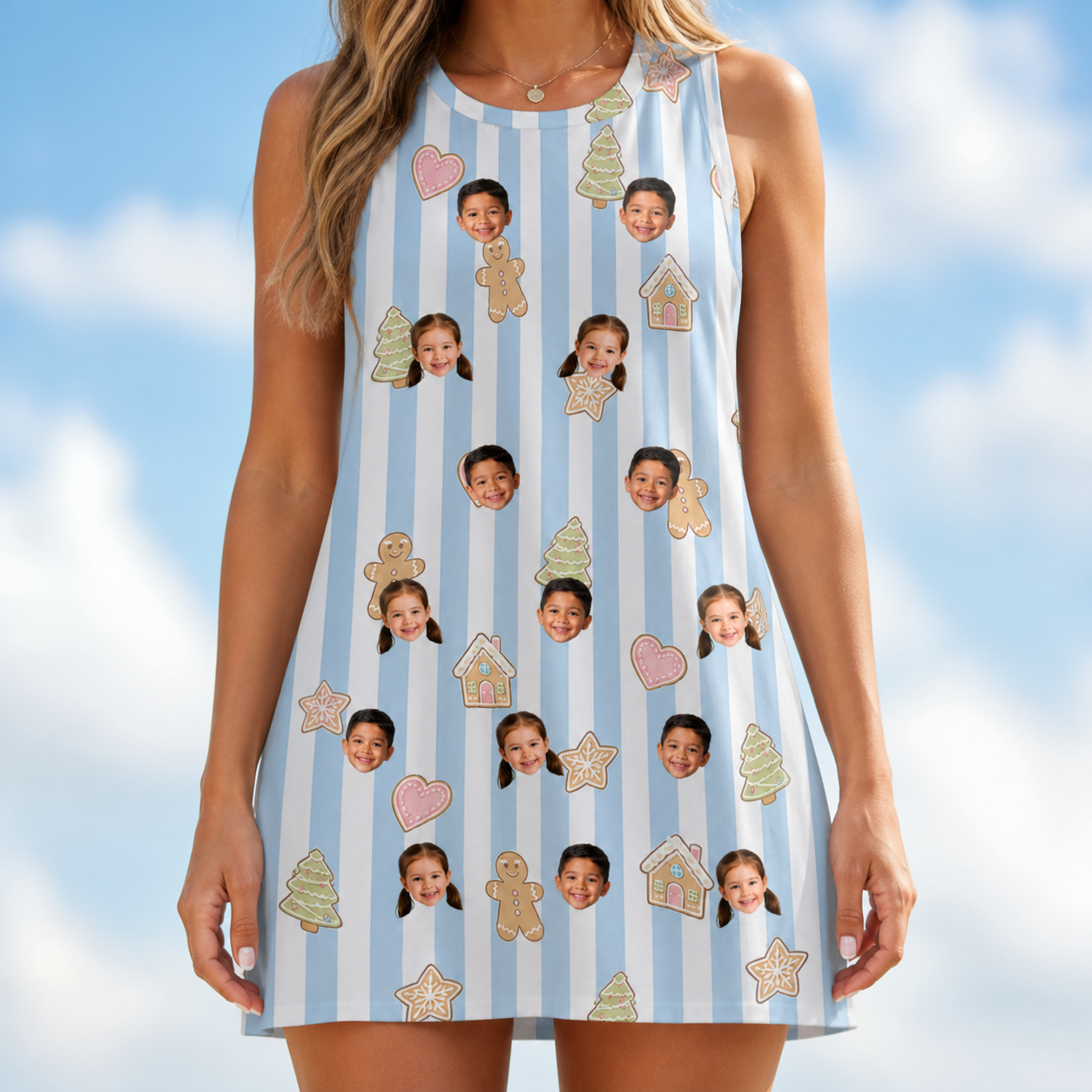 Model wearing Women's Spice Sprites Custom Face Tank Dress printed with kids' faces