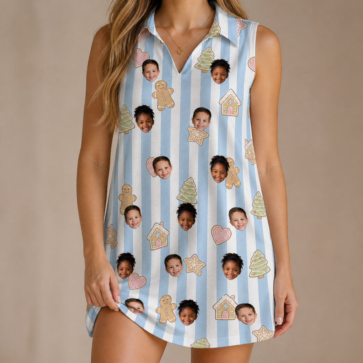 Model wearing Women's Spice Sprites Custom Face V-Neck Dress printed with kids' faces