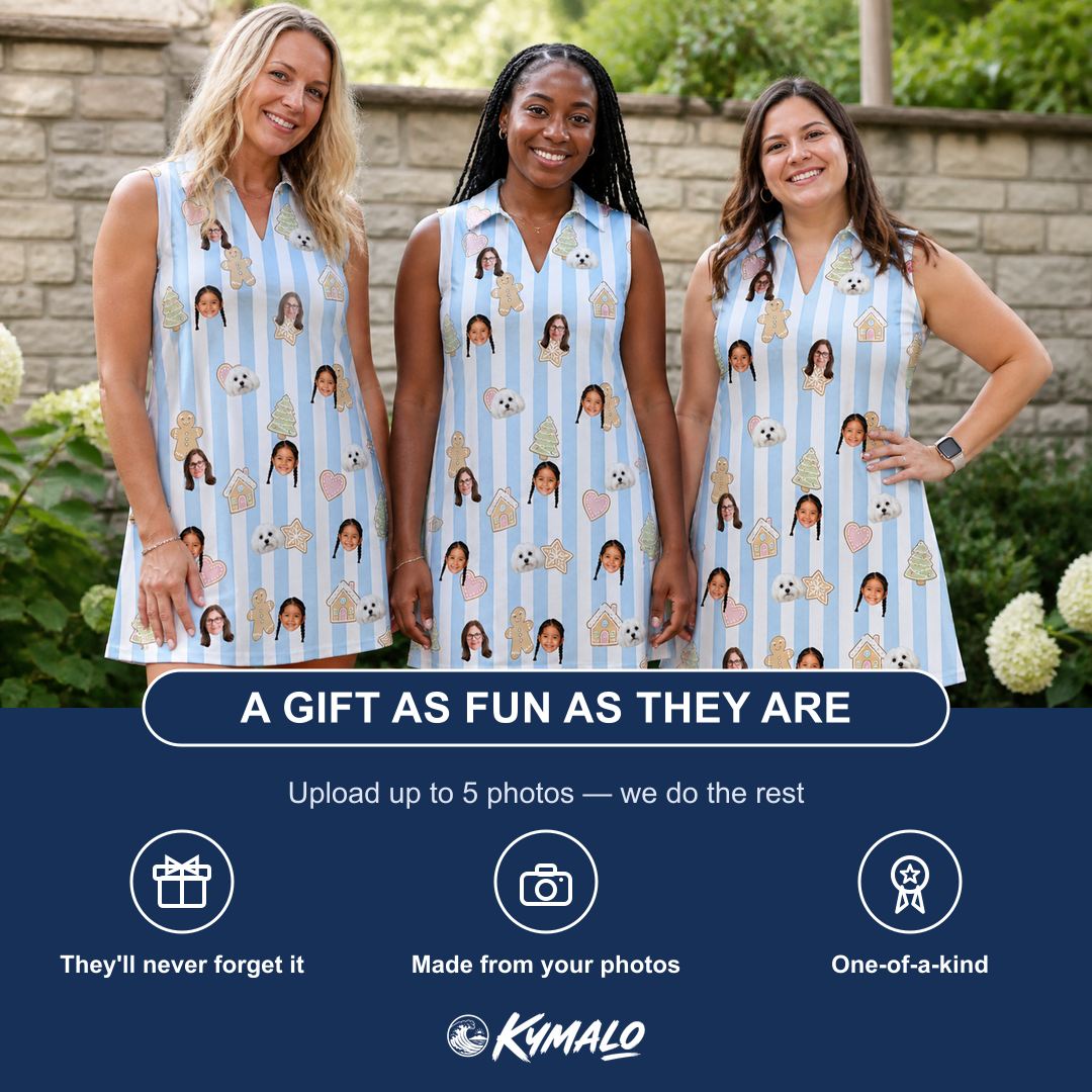 Friends in matching Women's Spice Sprites Custom Face V-Neck Dress — a group gift photo