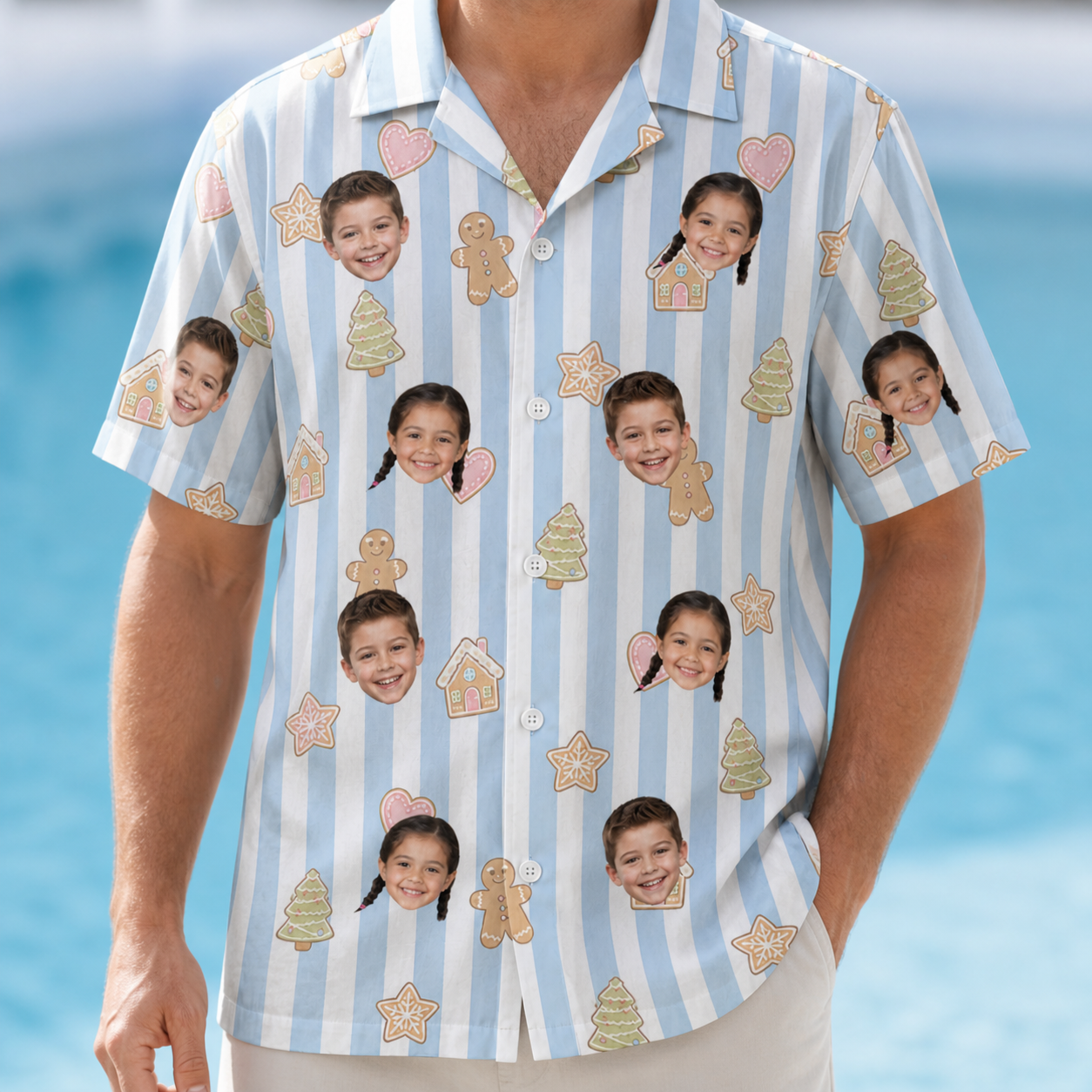 Model wearing Men's Spice Sprites Custom Face Hawaiian Shirt printed with kids' faces