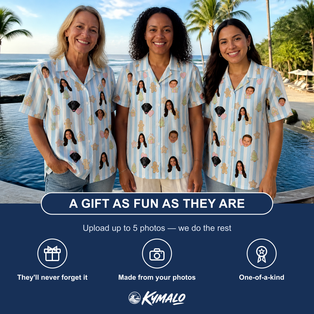 Friends in matching Women's Spice Sprites Custom Face Hawaiian Shirt — a group gift photo
