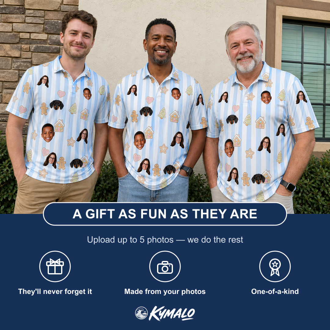 Friends in matching Men's Spice Sprites Custom Face Polo Shirt — a group gift photo