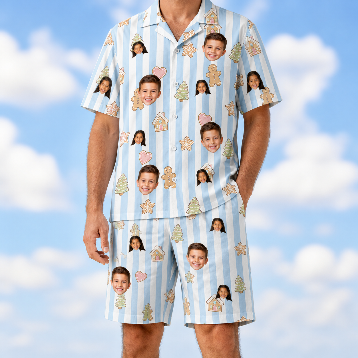 Model wearing Men's Spice Sprites Custom Face Shirt & Shorts Set printed with kids' faces