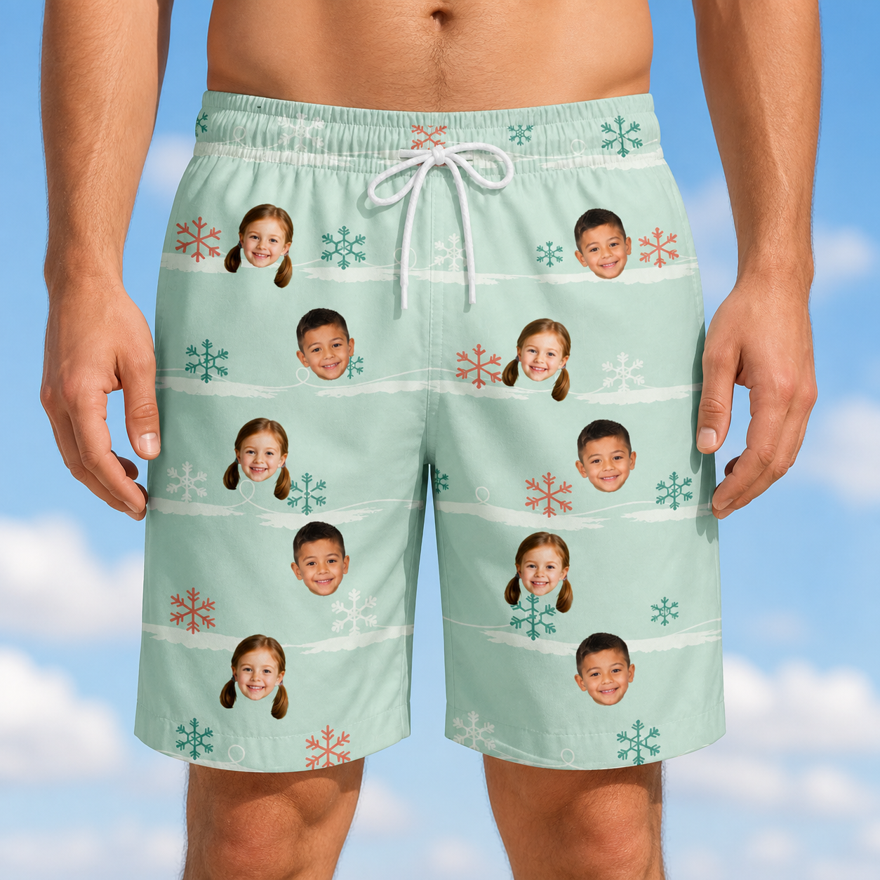 Model wearing Men's Flake Frenzy Custom Face Beach Shorts printed with kids' faces