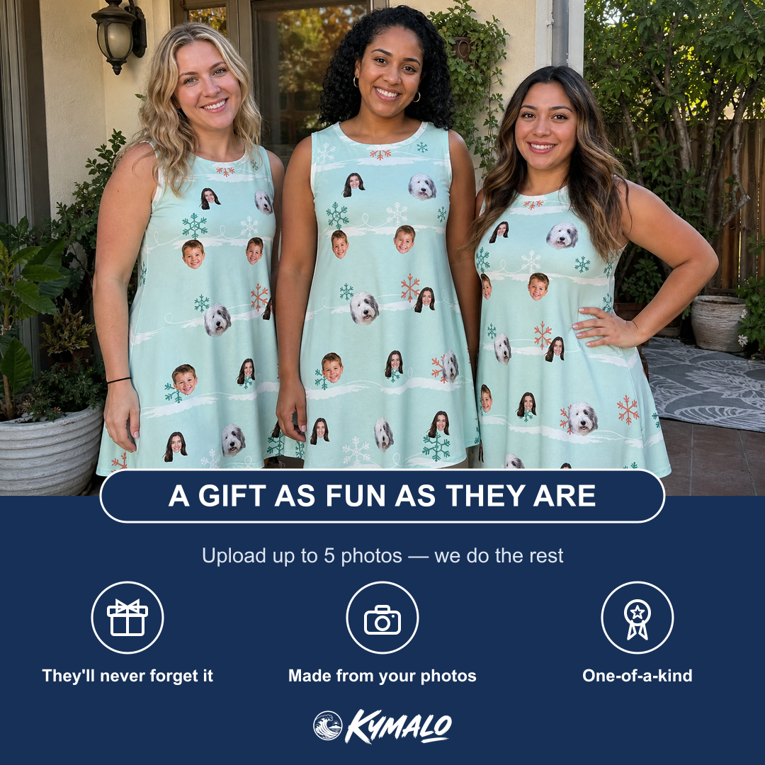 Friends in matching Women's Flake Frenzy Custom Face Tank Dress — a group gift photo