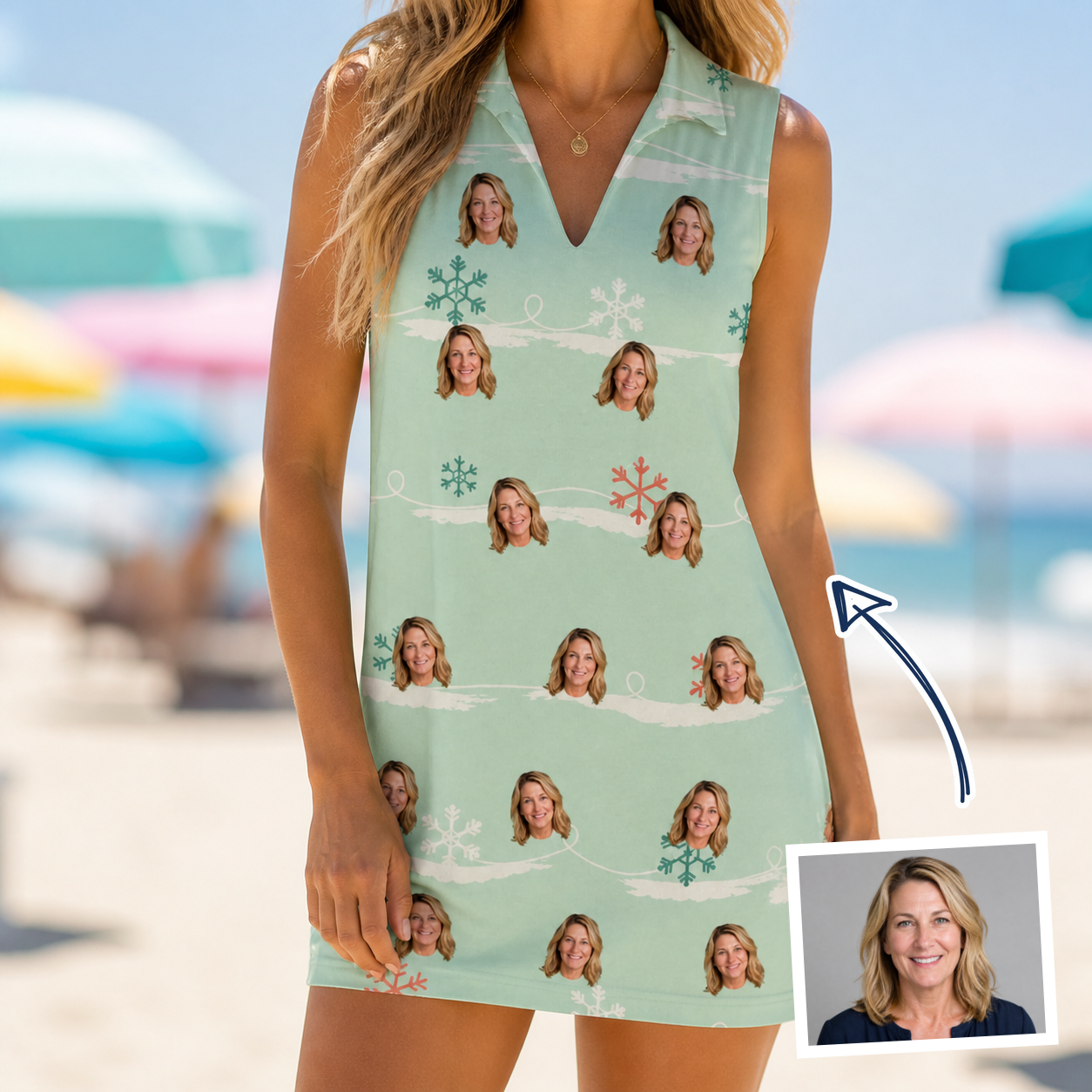 Woman wearing Women's Flake Frenzy Custom Face V-Neck Dress — custom faces printed all-over