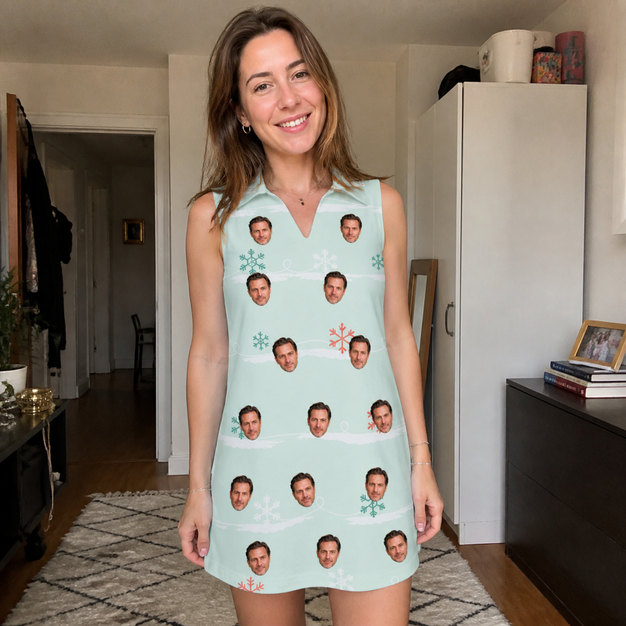 Real-life photo of someone wearing Women's Flake Frenzy Custom Face V-Neck Dress — custom faces printed all-over