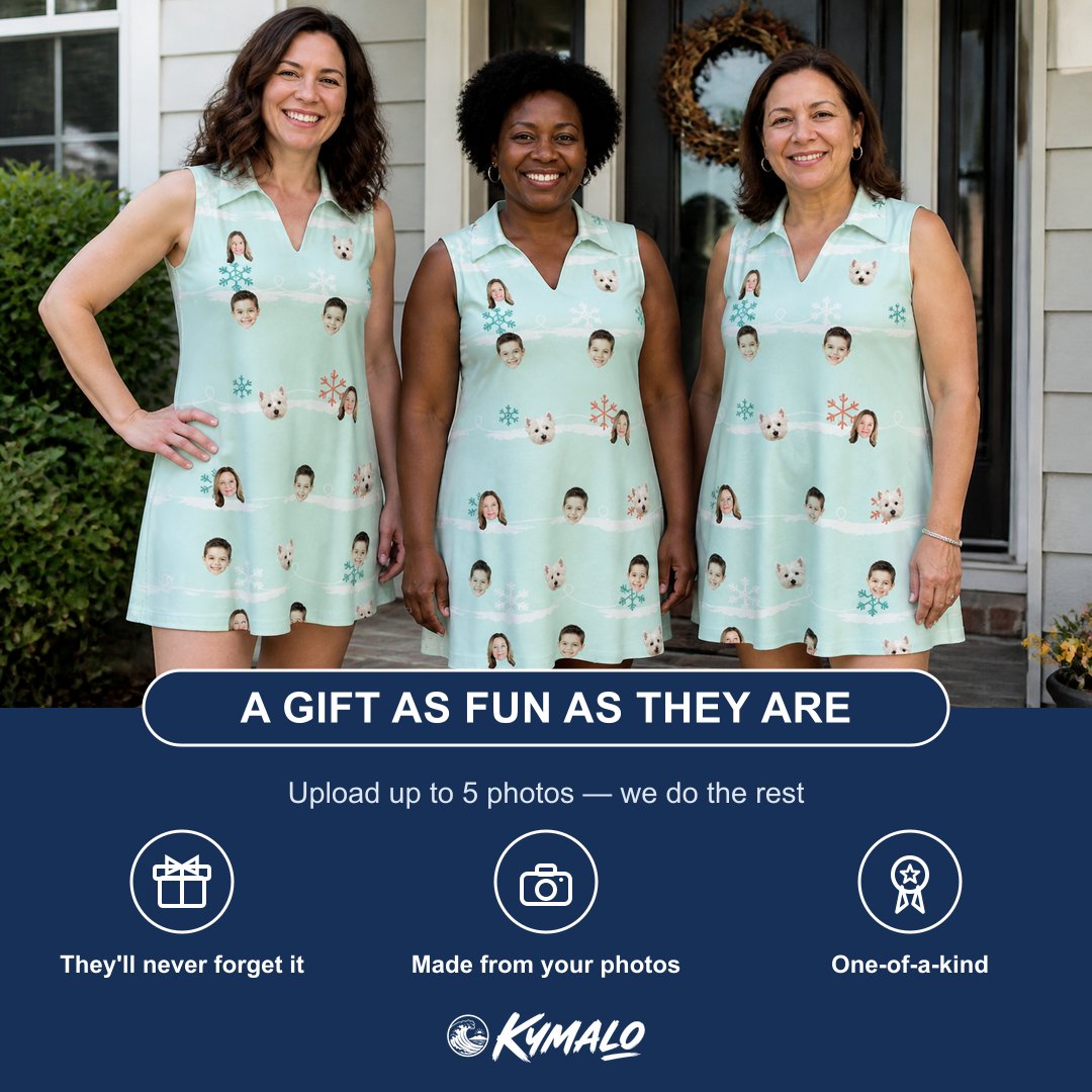 Friends in matching Women's Flake Frenzy Custom Face V-Neck Dress — a group gift photo