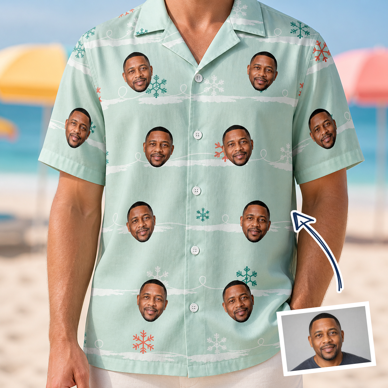 Man wearing Men's Flake Frenzy Custom Face Hawaiian Shirt — custom faces printed all-over
