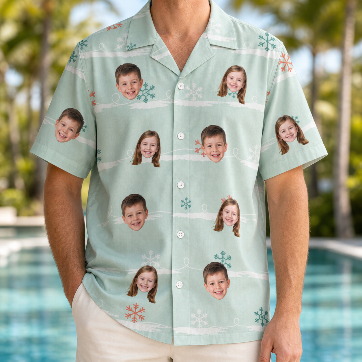 Model wearing Men's Flake Frenzy Custom Face Hawaiian Shirt printed with kids' faces