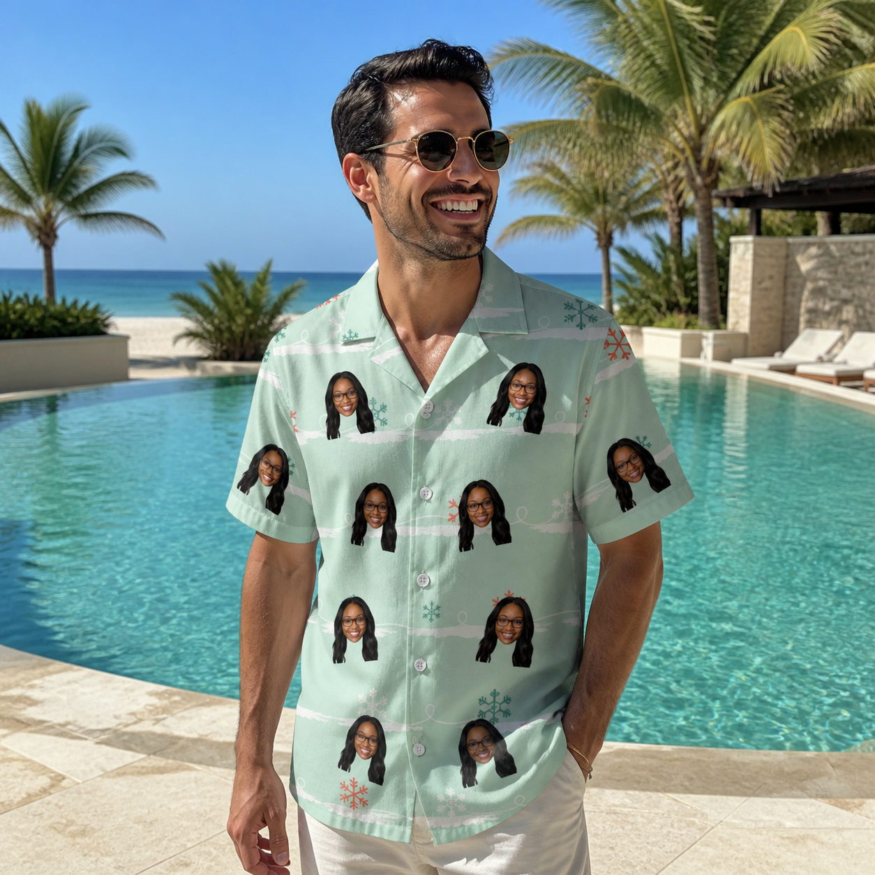 Real-life photo of someone wearing Men's Flake Frenzy Custom Face Hawaiian Shirt — custom faces printed all-over