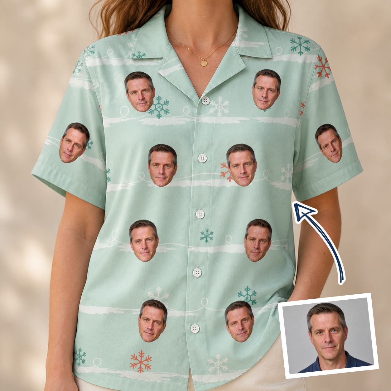 Woman wearing Women's Flake Frenzy Custom Face Hawaiian Shirt — custom faces printed all-over