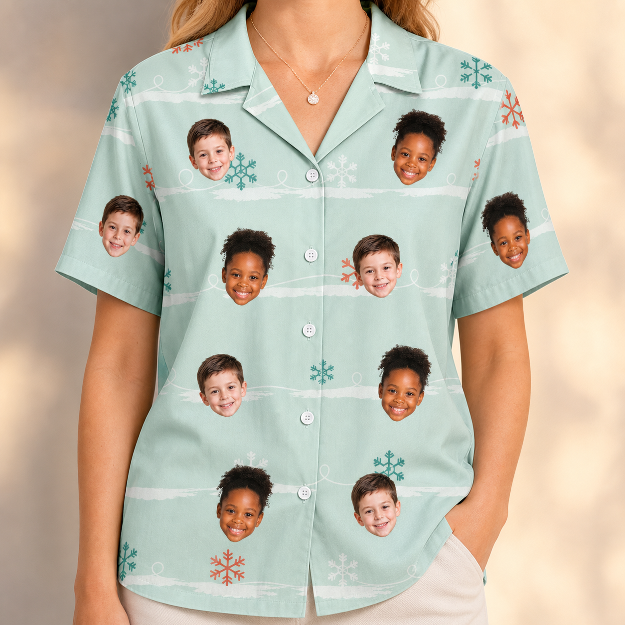 Model wearing Women's Flake Frenzy Custom Face Hawaiian Shirt printed with kids' faces