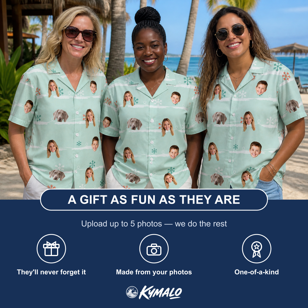 Friends in matching Women's Flake Frenzy Custom Face Hawaiian Shirt — a group gift photo