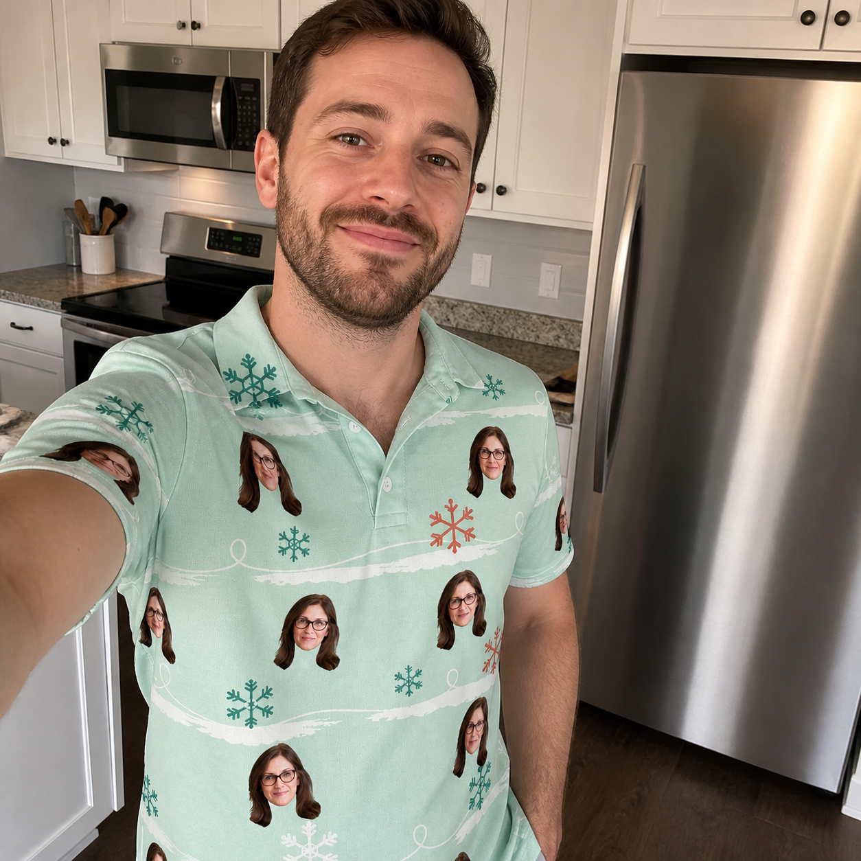 Real-life photo of someone wearing Men's Flake Frenzy Custom Face Polo Shirt — custom faces printed all-over