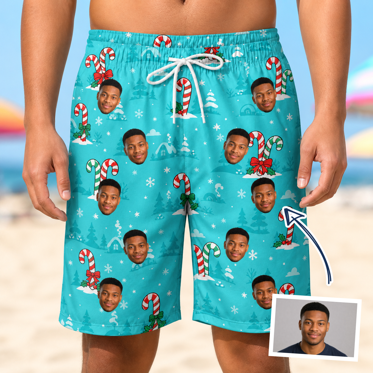 Man wearing Men's Sugar Stripes Custom Face Beach Shorts — custom faces printed all-over