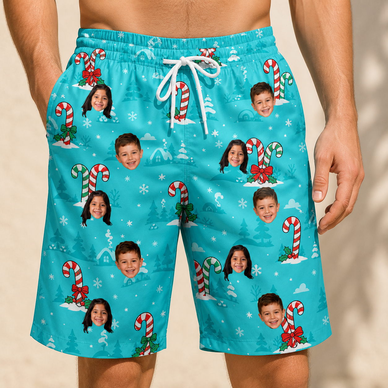 Model wearing Men's Sugar Stripes Custom Face Beach Shorts printed with kids' faces