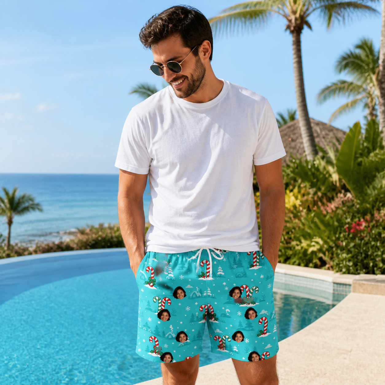 Real-life photo of someone wearing Men's Sugar Stripes Custom Face Beach Shorts — custom faces printed all-over