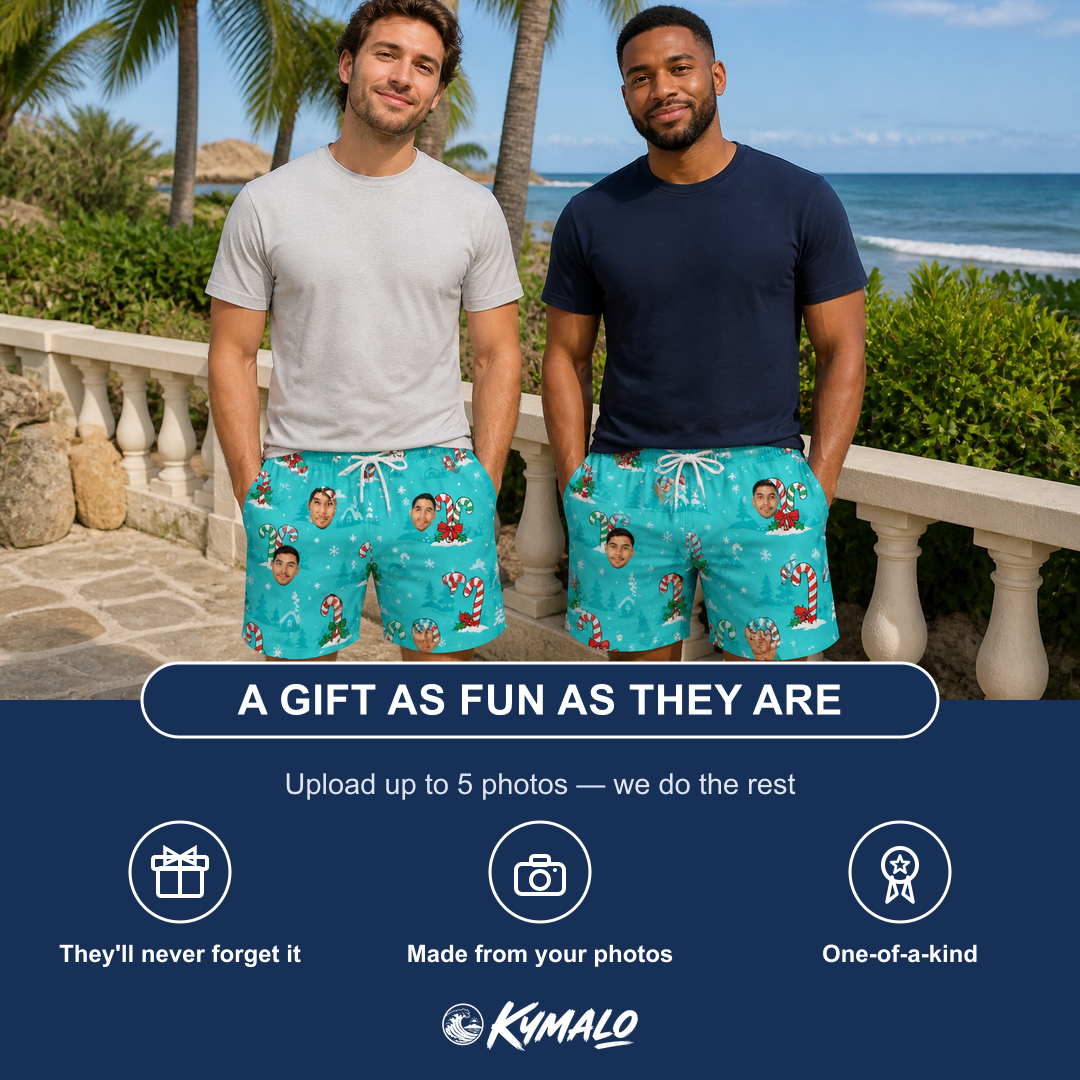 Friends in matching Men's Sugar Stripes Custom Face Beach Shorts — a group gift photo