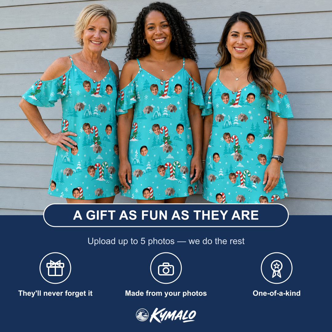 Friends in matching Women's Sugar Stripes Custom Face Off-Shoulder Dress — a group gift photo