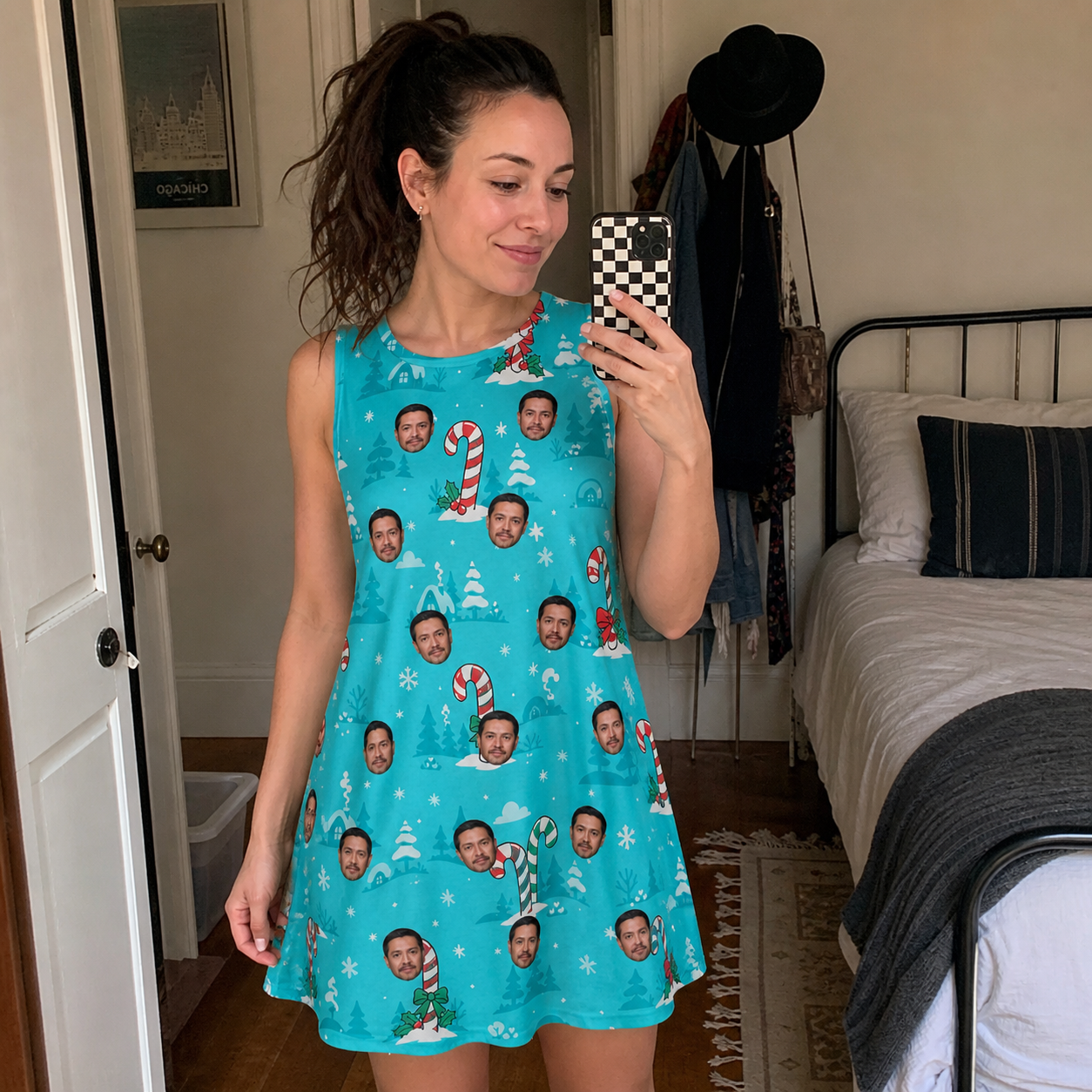Real-life photo of someone wearing Women's Sugar Stripes Custom Face Tank Dress — custom faces printed all-over