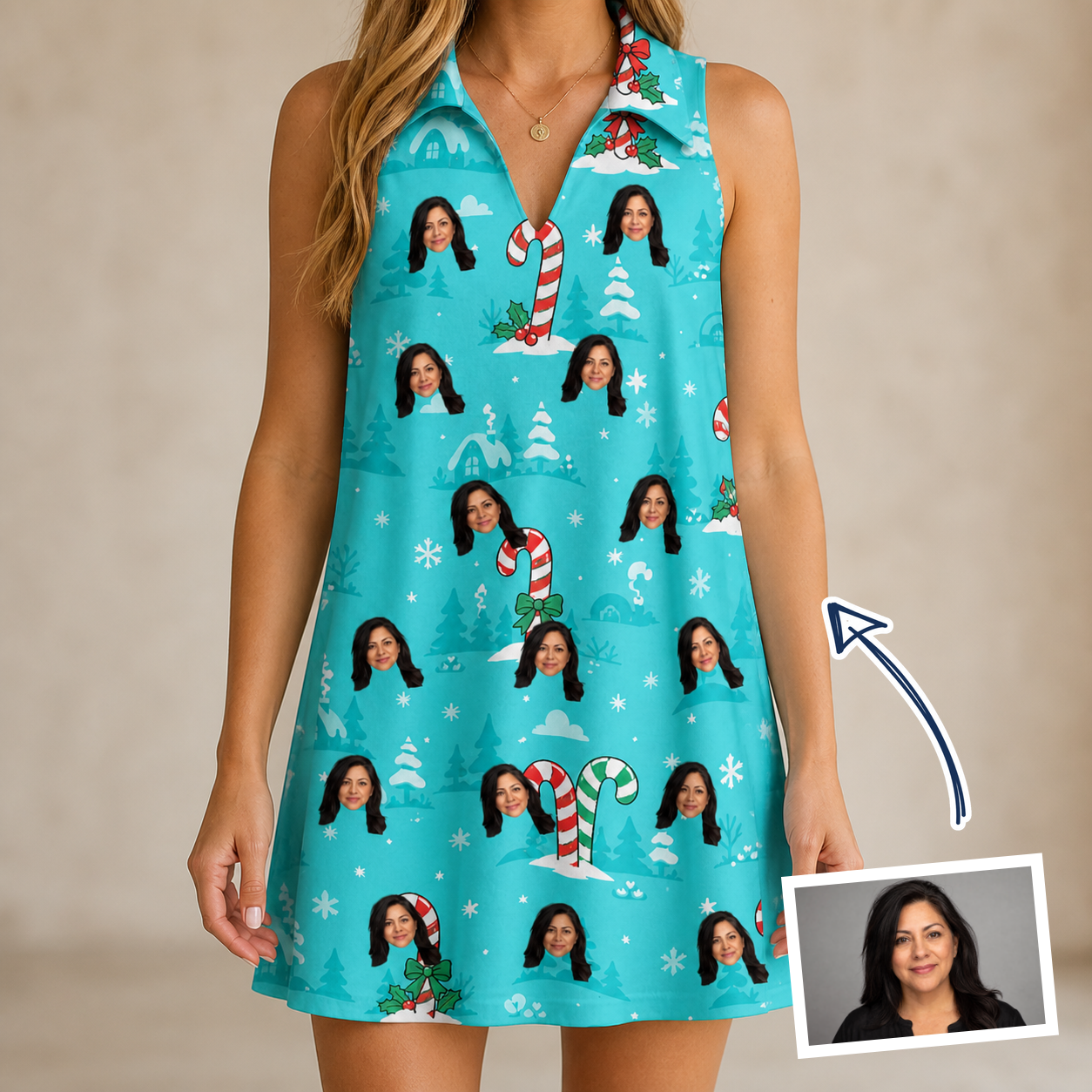 Woman wearing Women's Sugar Stripes Custom Face V-Neck Dress — custom faces printed all-over