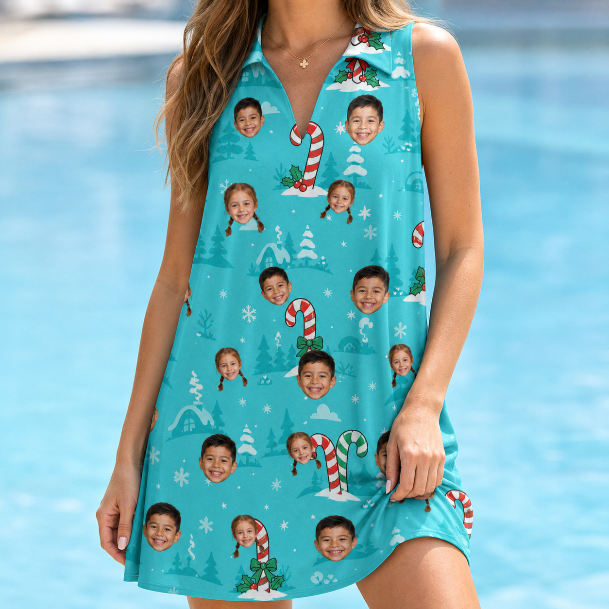 Model wearing Women's Sugar Stripes Custom Face V-Neck Dress printed with kids' faces