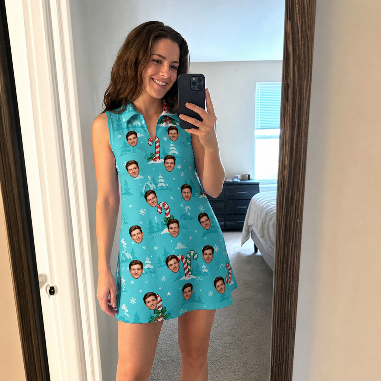 Real-life photo of someone wearing Women's Sugar Stripes Custom Face V-Neck Dress — custom faces printed all-over