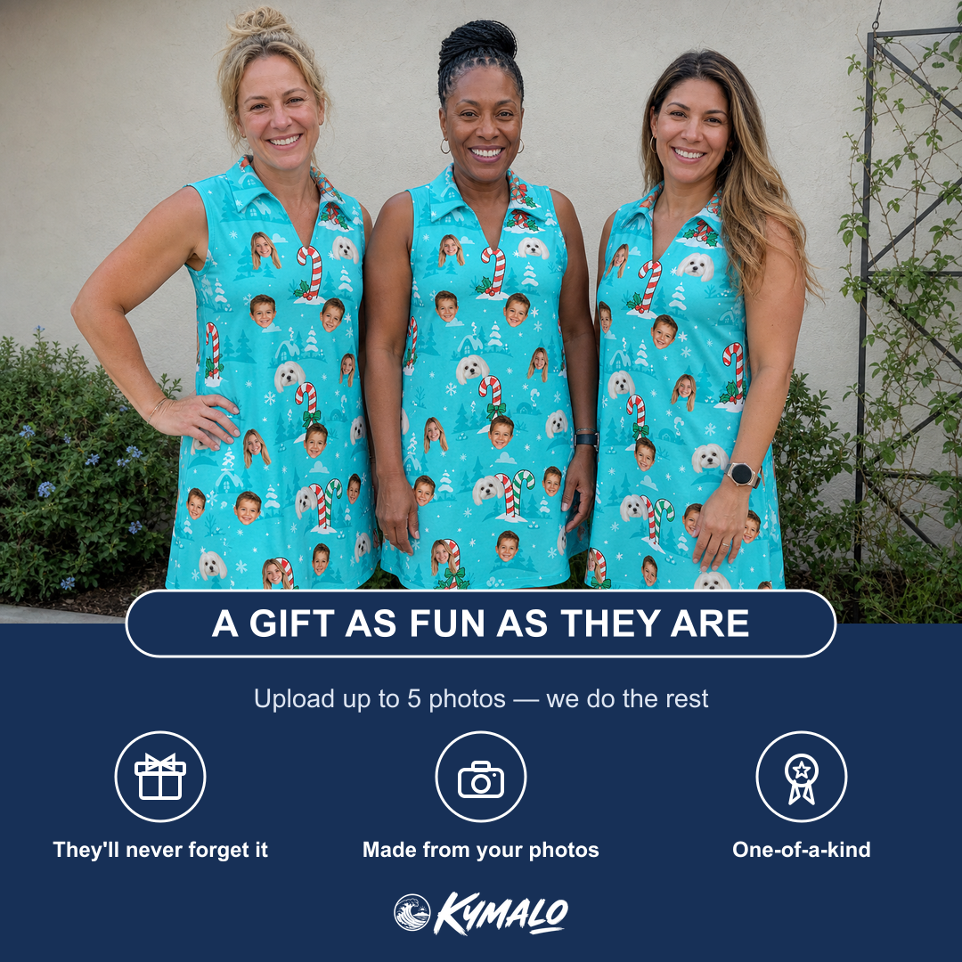 Friends in matching Women's Sugar Stripes Custom Face V-Neck Dress — a group gift photo