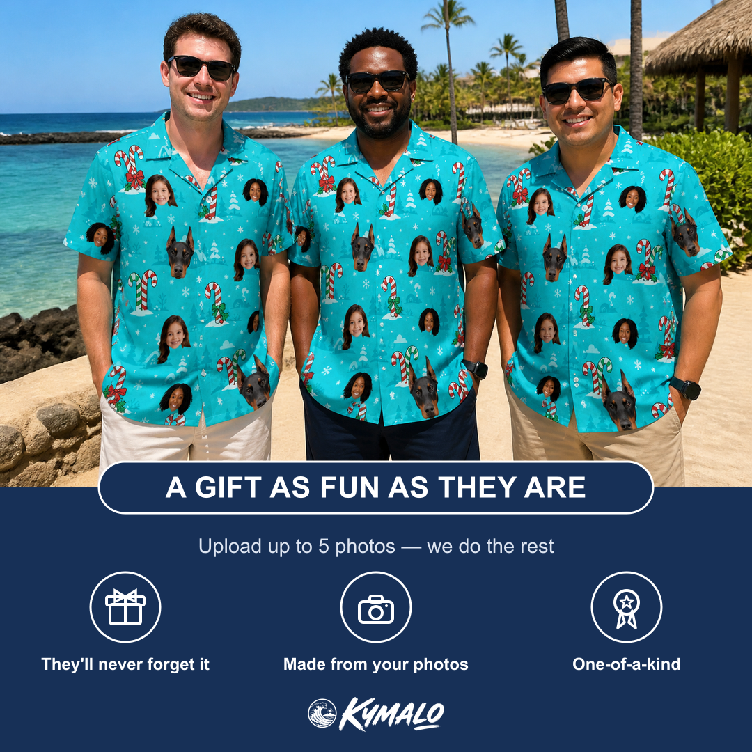 Friends in matching Men's Sugar Stripes Custom Face Hawaiian Shirt — a group gift photo
