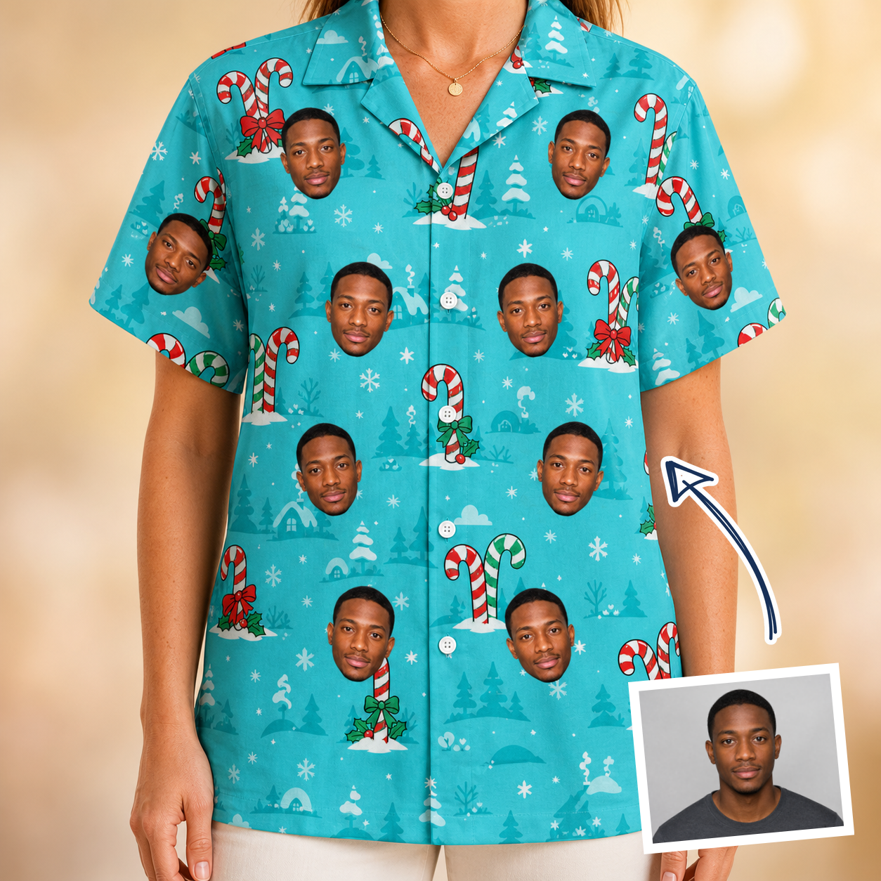 Woman wearing Women's Sugar Stripes Custom Face Hawaiian Shirt — custom faces printed all-over