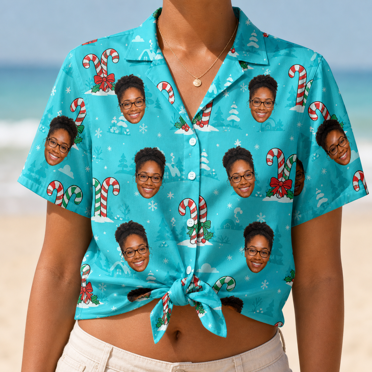 Woman wearing Women's Sugar Stripes Custom Face Hawaiian Shirt tied at the waist