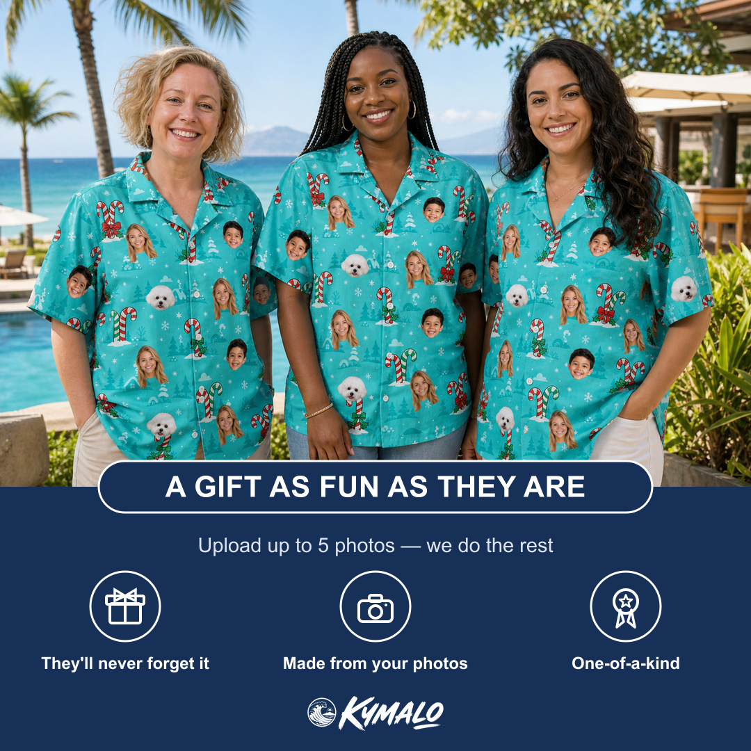 Friends in matching Women's Sugar Stripes Custom Face Hawaiian Shirt — a group gift photo