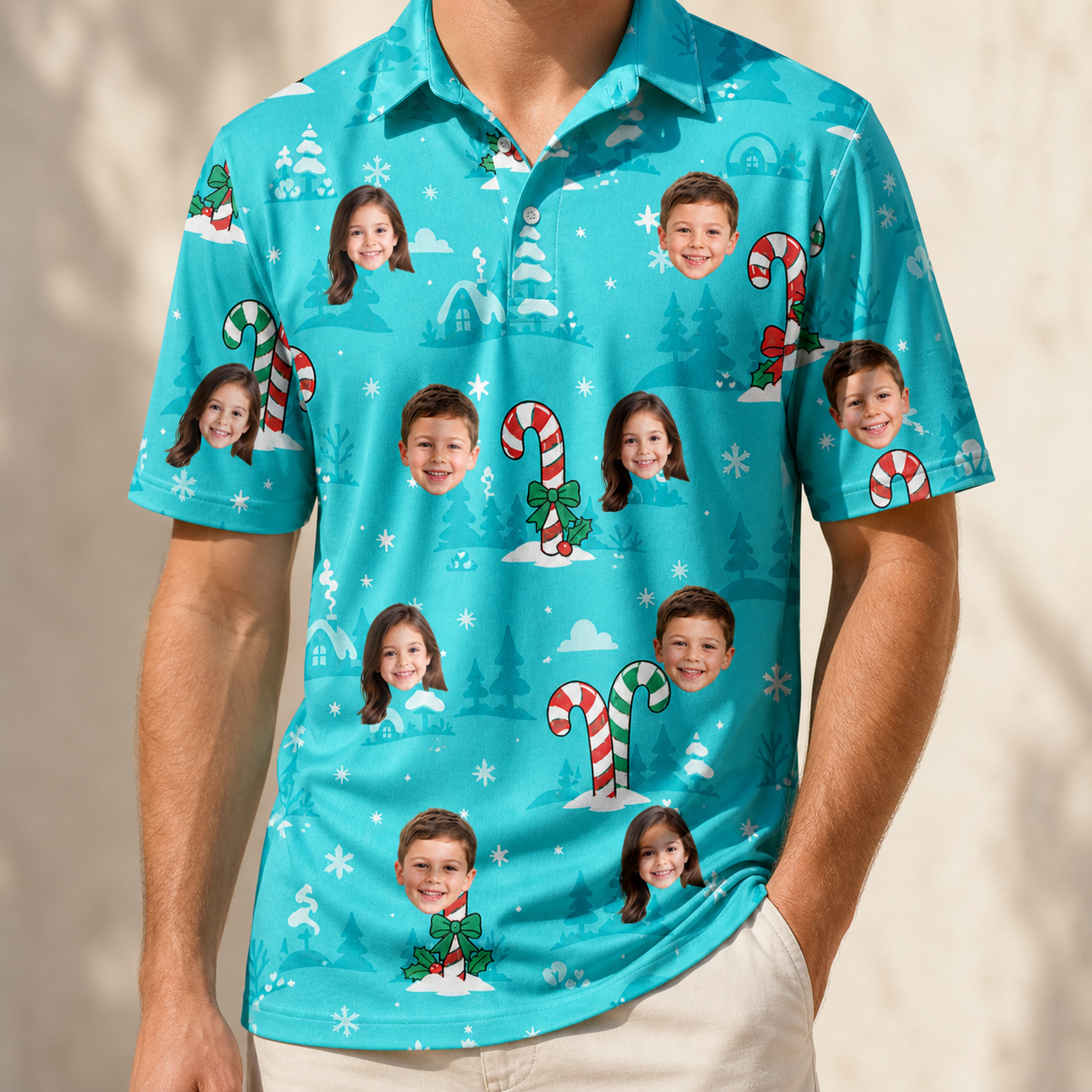 Model wearing Men's Sugar Stripes Custom Face Polo Shirt printed with kids' faces