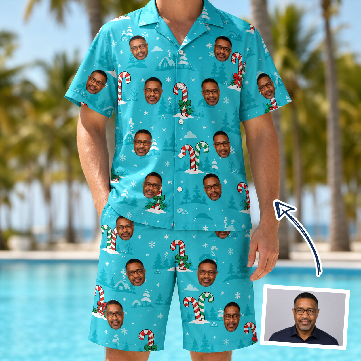 Man wearing Men's Sugar Stripes Custom Face Shirt & Shorts Set — custom faces printed all-over